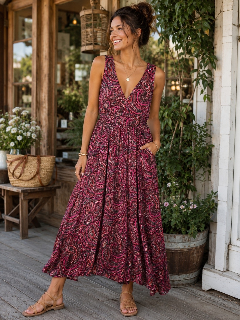 Boden Burgundy Paisley V-Neck Sleeveless Maxi Dress
